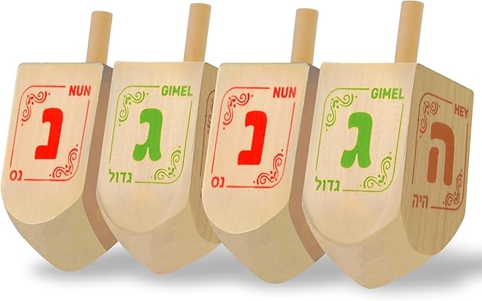 Hanukkah Dreidels - Extra Large Natural Wooden Dreidel - 4 Pack