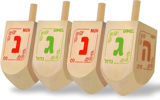 Hanukkah Dreidels - Extra Large Natural Wooden Dreidel - 4 Pack