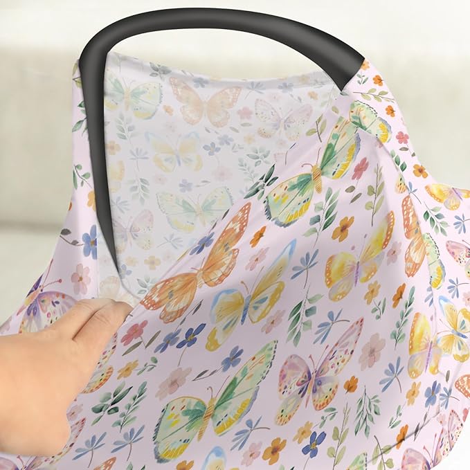 Watercolor Butterflies Spring Floral Baby Car Seat Covers Pastel Flowers Leaves Stretchy 5-in-1 Cover Adjustable Infant Carseat Canopy Cover Easter Garden Breathable Nursing Cover-Up Pink