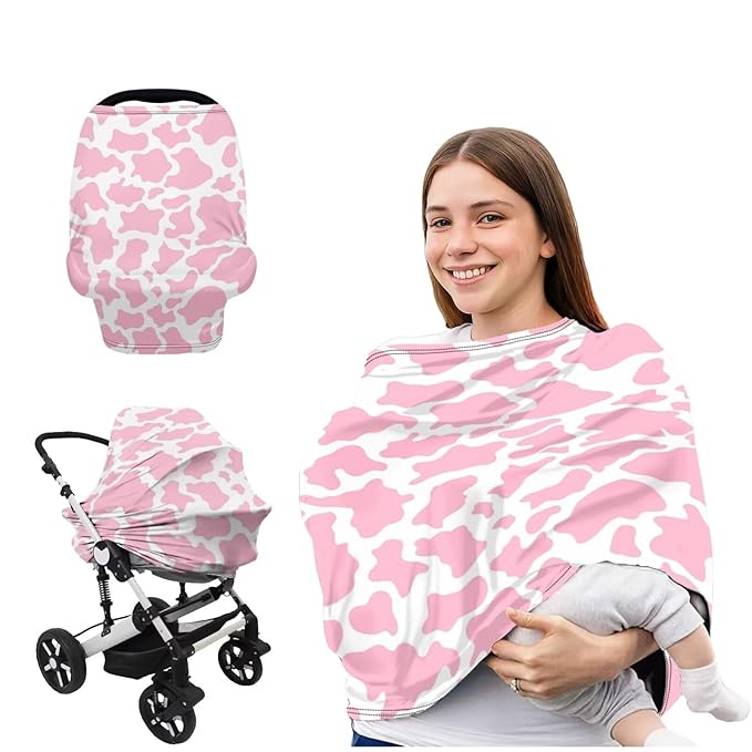 Pink Cow Print Car Seat Covers Baby Multi-use Breathable Nursing Cover,High Stretchy Infant Carseat Canopy Stroller Cover,Car Seat Covers for Bbies, Boys & Girls