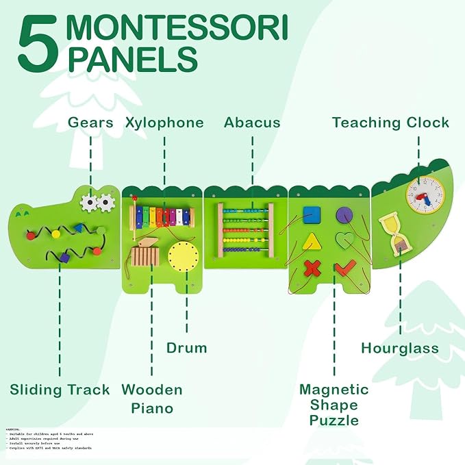 Monläurd® Crocodile Montessori Busy Board, Sensory Board,Educational Toys, Activity Cube, Wall Toys, Daycare Furniture, Playroom Furniture, Boys and Girls 6 M+