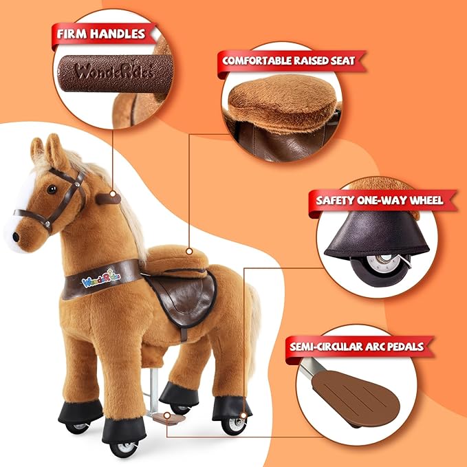 WondeRides Ride on Horse Pony Cycle Brown Toy Size 4 for Kids Age 4-9, 36 Inch Height Riding Horse Plush Rocking Mechanical Walking Animal No Battery or Electricity for Boys Girls M445