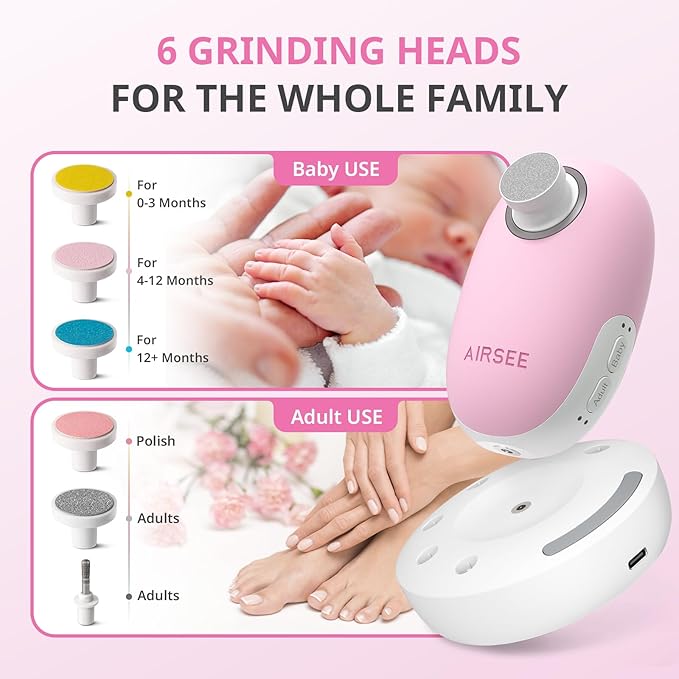 AIRSEE Baby Nail Trimmer Electric, Newborn Nail Clipper with Light, Safe & Easy Electric Nail File Baby Nail Clippers Baby Nail Care Set with LED Light, 6 Replacement Heads & Storage Case, Pink