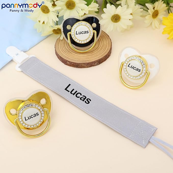 4Pcs, Personalized Pacifier with Name, Custom Pacifier Clip, Baby Gift for Newborn Boys and Girls, Baby Accessory Baby Stuff with Name (0-6 Months) (Blue)