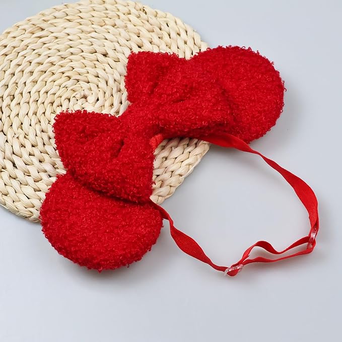 Adjustable Wool Mouse Ears Elastic Headband with Bow, Fluffy Fleece Hair Bow Hairband for Infant Toddlers Baby Girls