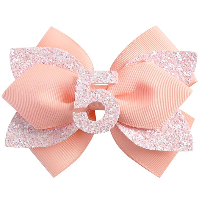 Glitter Birthday Hair Bow for Baby Girls 1 2 3 4 5 6 Years Peach Party Decoration Hair Accessories for Five 5th Birthday