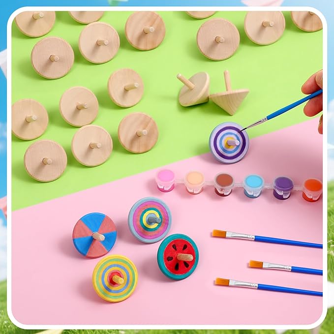 DoubleFill 72pcs DIY Wooden Spinning Tops Craft Kit Watercolor Paints Unfinished Wood Gyroscopes for Kids Educational Kindergarten Toys Spin Tops for Birthday Gifts, Family Games Party Favors
