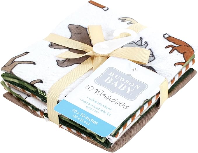 Hudson Baby Unisex Baby Flannel Cotton Washcloths, Animal Adventure 10 Pack, One Size