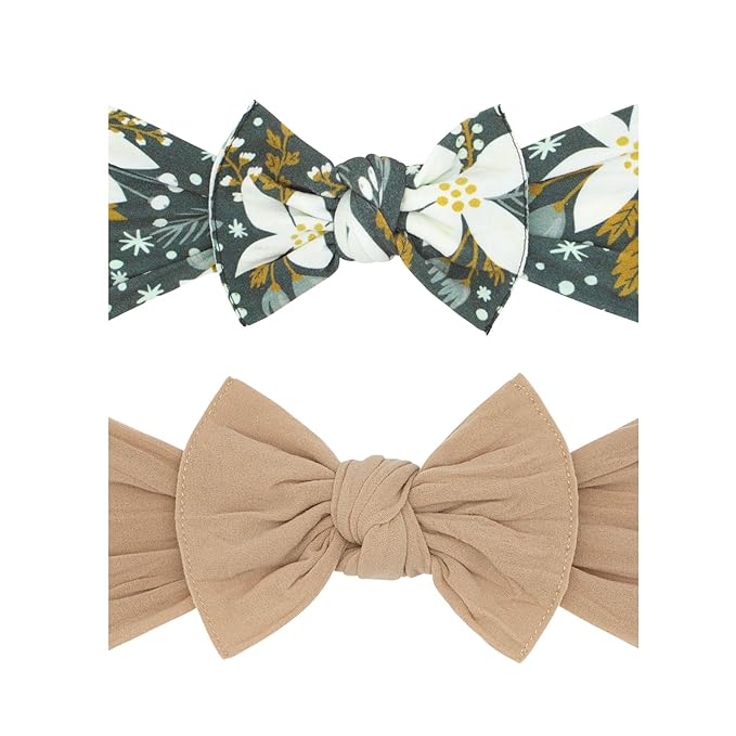 Baby Bling Bows - Newborn to Little Baby Girl Bows, 2PK PRINT SOLID KNOTS Nylon Super Soft Stretchy Toddler Headbands, Perfect Hair Accessories Head Bands for Infant Kids (Winter Garden & Oak)