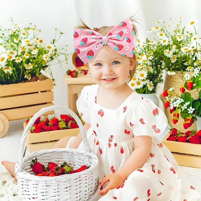 YanJie 7’’ Strawberry Baby Bow for Girl Pink Headbands for Newborn Infant Toddlers Summer Outfits for Baby Girls Daisy Hair Accessories Hair Bows