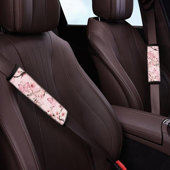 AFPANQZ 2 Pack Car Seat Belt Covers for Women Pink Butterfly Flower Car Safety Seatbelt Pad Cushion Adjustable Universal for Most Car Laptop Backpack Luggage Bag Straps Pads