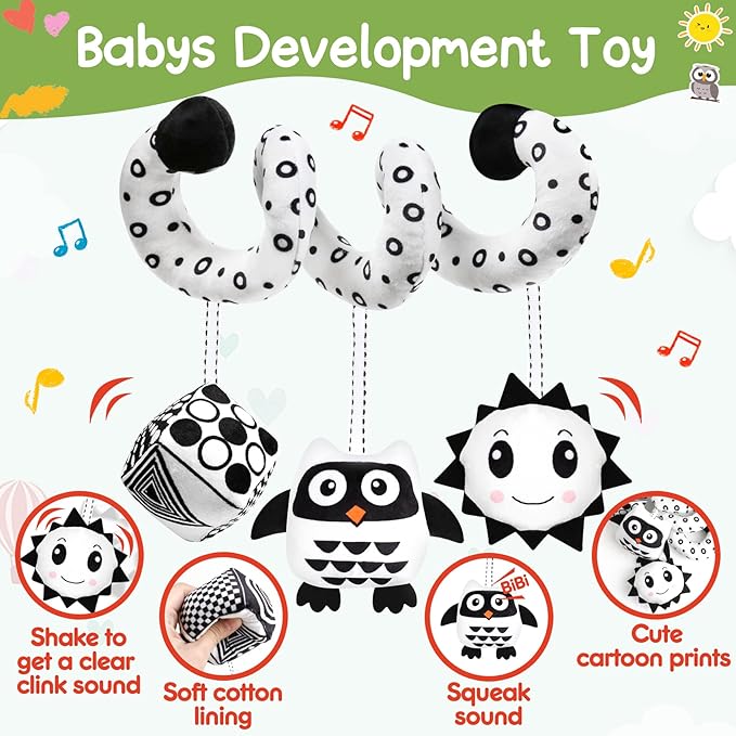 GKDOMS Baby Spiral Hanging Stroller and Car Seat Toys Black and White High Contrast Sensory Toy Newborn Plush Activity Toys Party Favors Quality Gifts for Baby Shower-OWL