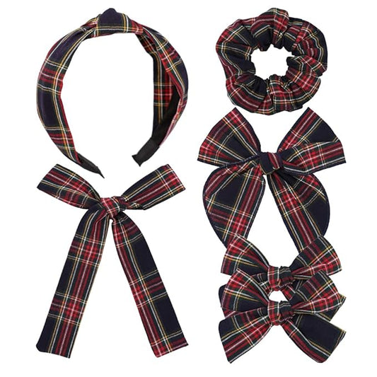 Sugarmelon Set of 6 Tartan Bow Hair Clips for Baby Girl and Mom Women Plaid Headbands Scrunchies Scottish Tartan Hair Bows for School Girls (Tartan Black 6 pcs)