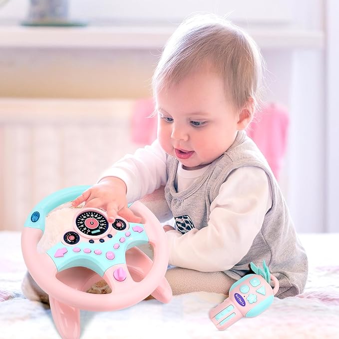 deAO Kids Steering Wheel for Backseat with Key Baby Toys Pretend Driving Simulated Steering Wheel Toy with Light and Music Gifts for Kids Toddlers (Pink)