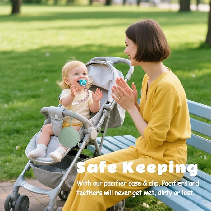 2 Pack Silicone Pacifier Holder Case with Premium Zipper & 1 Pacifier Clip - Leakproof Baby Pacifier Storage Case for Diaper Bags, Strollers, Travel, BPA Free (Sage/Dusty Lilac)