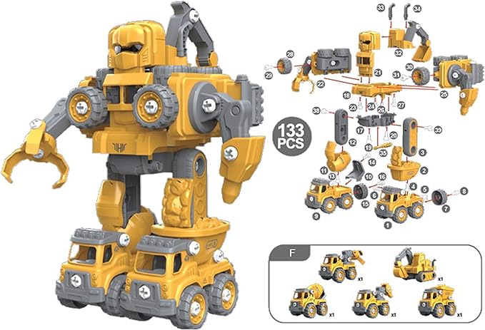 LEXiBOOK Robotruck®, 5 in 1 Build-Your-own Robot kit, transformable Construction Vehicles 5 in 1, DIY, Construction, Building, Truck, Educational Kids' Toy, Yellow, ROBD10