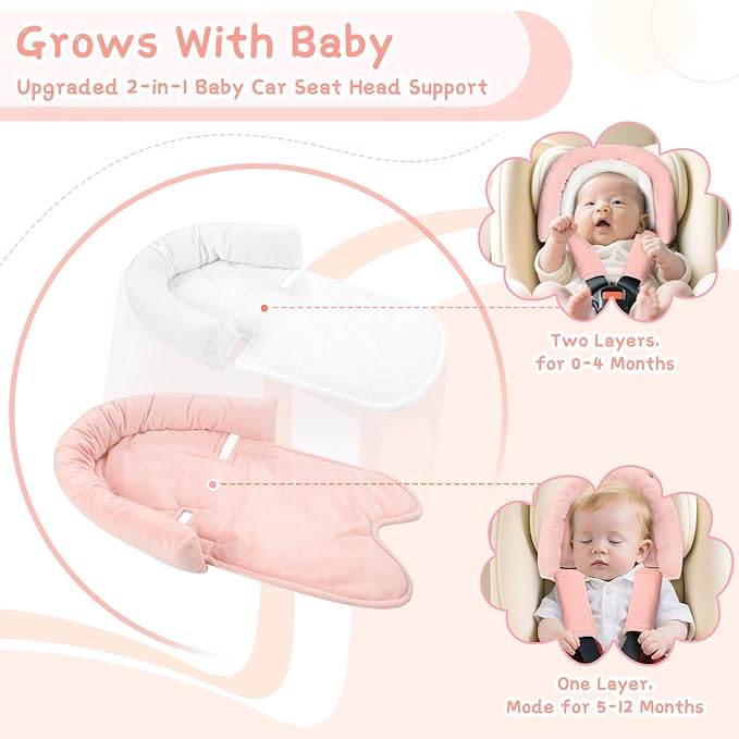 Pea Pod Upgraded 2-in-1 Baby Car Seat Insert Cushion Pad, Extra Soft Infant Car Seat Head Support for Newborn, Perfect for Carseat, Stroller, Swing, Bouncer, Pink