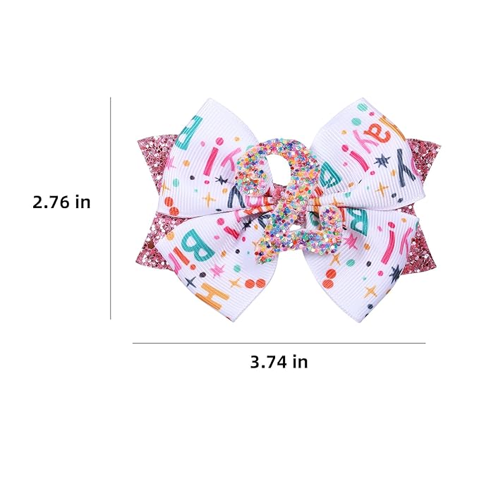 4" Glitter Happy Birthday Hair Bow Clips for Girls Ages 1-6, Pink Ribbon Cheer Bow Barrettes Alligator Hairpins, Confetti Ice Cream Party Dress Accessories, Her 2nd Birthday Gift