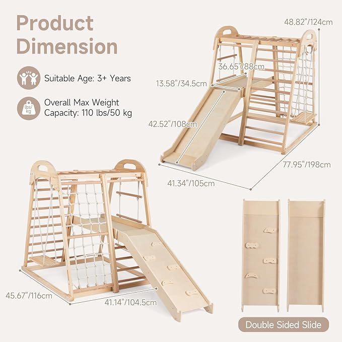 OLAKIDS Indoor Jungle Gym, 8 in 1 Wooden Montessori Toddler Climbing Toys with Adjustable Ramp Swing Slide, Monkey Bar Rope Ladder Waiting Area (Natural)