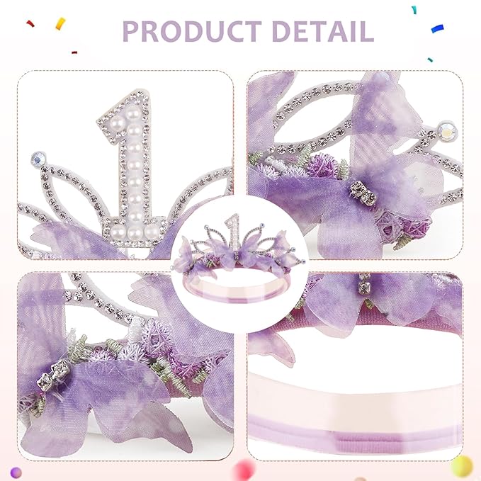 cherrboll Baby Girl Birthday Crown Floral Headband, Soft Flower Head Wrap Tiara Hairband for 1-3 Years Old Toddlers Kids First 1st Birthday Party Dress Photo Decoration