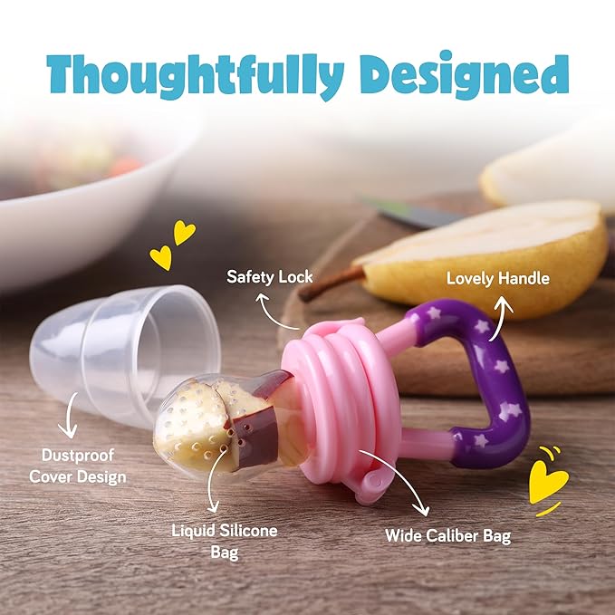 Baby Fruit Feeder, Teething Pacifier for Fruits, Veggies, or Frozen Milk, Food-Grade Silicone Teethers for Babies 6-12 Months, Baby Essentials for Teething Relief - Apple Green and Lychee Pink