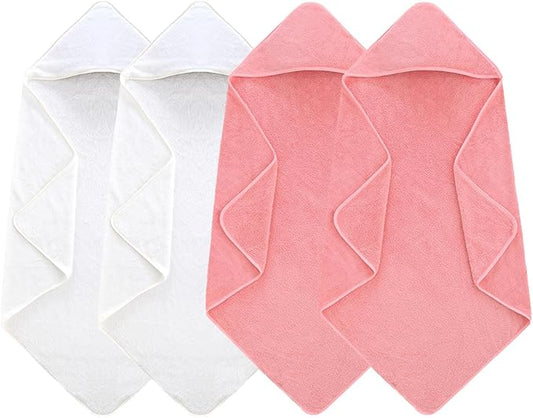 4 Pack Hooded Baby Towels, 32x32 Inch Absorbent Bath Towels, Soft Coral Fleece Hooded Towel for Newborns, Infants, and Toddlers – Baby Bath Essentials (2X White + 2X Pink)