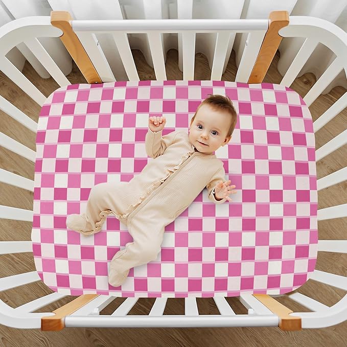 Fitted Crib Sheets Pink Checkered Stretchy Portable Playard Sheets for Baby Toddler, Breathable Soft Mini Crib Mattress 39 x 27 in for Boys and Girls