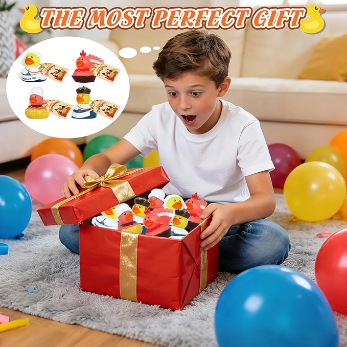 12 PCS Rubber Ducks Bulk Set with 12 Thank You Cards & Bands, Mini Rubber Ducks, Multi-Use Bath Toys and Party Favors for Kids, Ideal for Children
