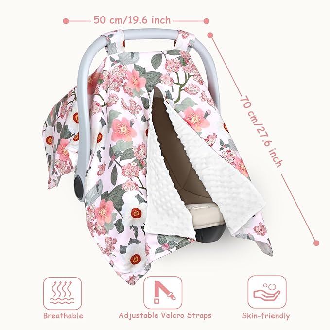 TANOFAR Baby Carseat Canopy, Peekaboo Opening Car Seat Canopy for Babies, Soft and Breathable Infant Carrier Canopy, Multi-use Baby Carrier, Stroller, Nursing Cover, Minky Blanket, Retro Flower