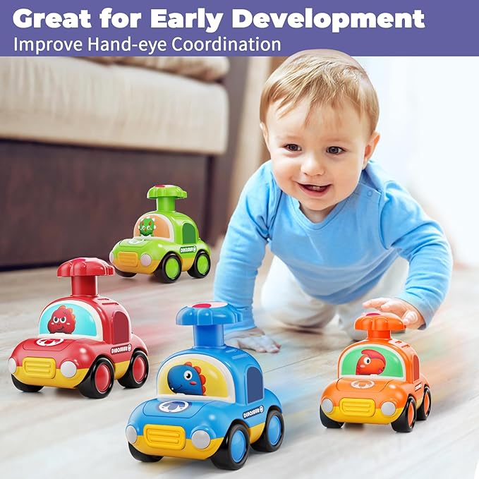 MOONTOY Press Go Dinosaur Toy Cars for Toddlers 1-3 Baby Toys for 1 2 Year Old Boy 1st Birthday Girl Gifts 6-9-12-18 Months Push Car Truck Toddler Boy Toys 1-2 2-3 2-4 Easter Basket Stuffers for Kids