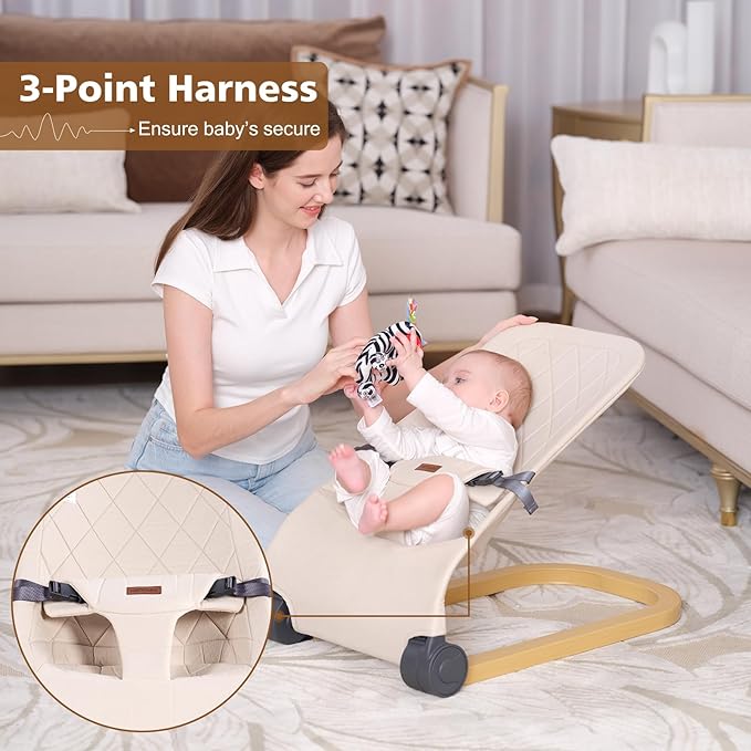 Baby Bouncer,Portable Baby Bouncer Seat & Foldable with 3 Height Adjustments, Ergonomic Bouncer for Babies 0-6 Months, Wood Grain Style, Natural Vibrations, Includes Storage Bag (Beige)