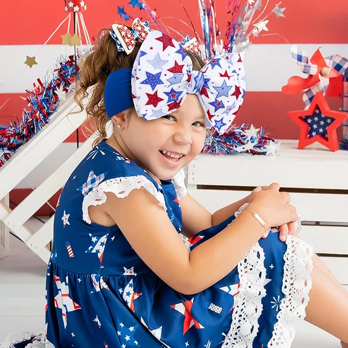 American Flag Headband with Red, White and Blue Patriotic Star Bows - Nylon Hairband for Girls and 4th July Accessories