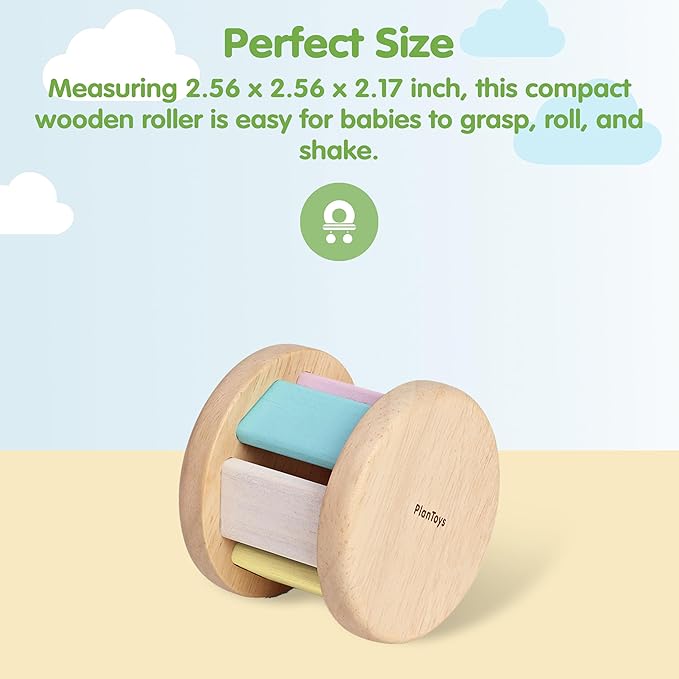 PlanToys® Pastel Wooden Roller Toy for Babies | Montessori Sensory Toy with Gentle Rattle Sound | Eco-Friendly Crawling & Motor Skill Toy for Infants 6+ Months