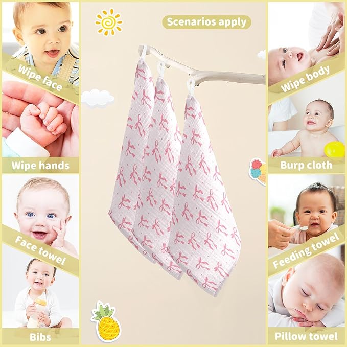 Newborn Face Towel Bow Soft Cotton Baby Washcloths 11.8 x 11.8 Inch Infants Girls Boys Muslin Burp Cloths 5 Pack