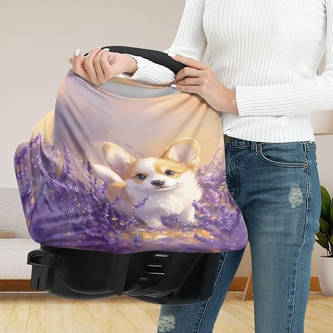GIFTPUZZ Cute Corgi Stretchy Baby Car Seat Cover for Baby Boys Girls, Multiuse Nursing Breastfeeding Covers, Shopping Cart/High Chair/Stroller Covers for Infant Newborn