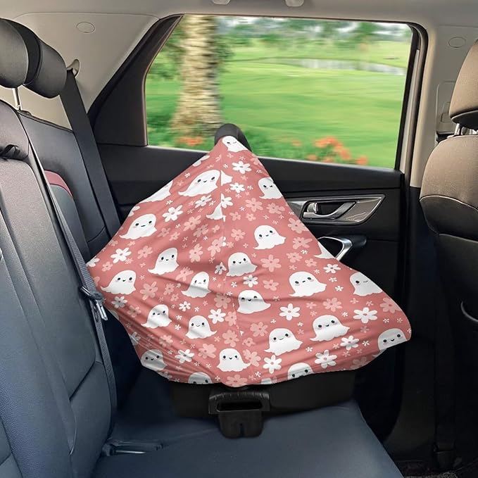 Biyejit Halloween Cute Ghost Baby Boy Girl 5-in-1 Car Seat Cover, Multi-use Privacy Nursing Breastfeeding Cover, Carseat Canopy Carrier Newborn Infant Gift