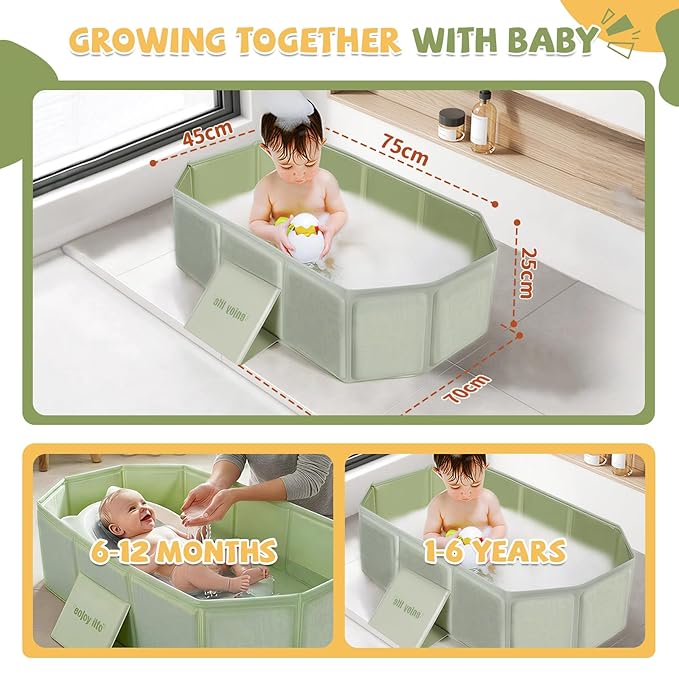 Orzbow Collapsible Baby Bathtub, Toddler Bathtub with Non-Slip Base, Portable Bath Tub for Kids Infant 12 Months+ Travel, Easy to Clean, Stable & Durable, Space-Saving, Green