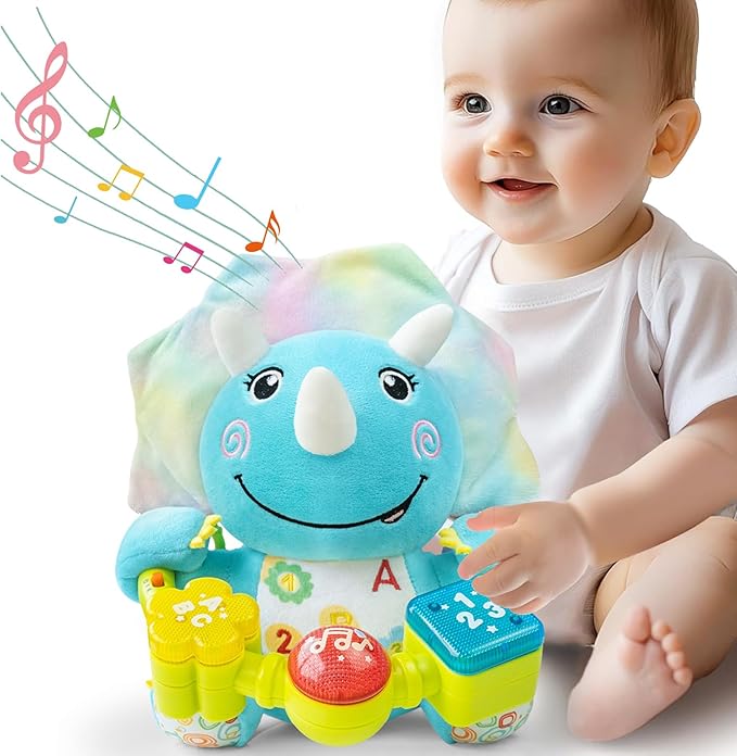 Ryotagift Baby Bilingual Musical Dinosaur Stuffed Animals Toys,Infant Early Learning Toy with Light-Up Music & Crinkle,Tummy Time Toys for 0 3 6 9 12+ Months for Baby Boy Girl Gift