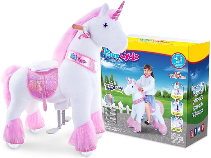 PonyCycle Ride on Unicorn Classic Model U (with Brake/ 36" Height/Size 4 for Age 4-7) Toddler Pink Horse Ride on Toys for Girls Ride on Horse Plush Ux402
