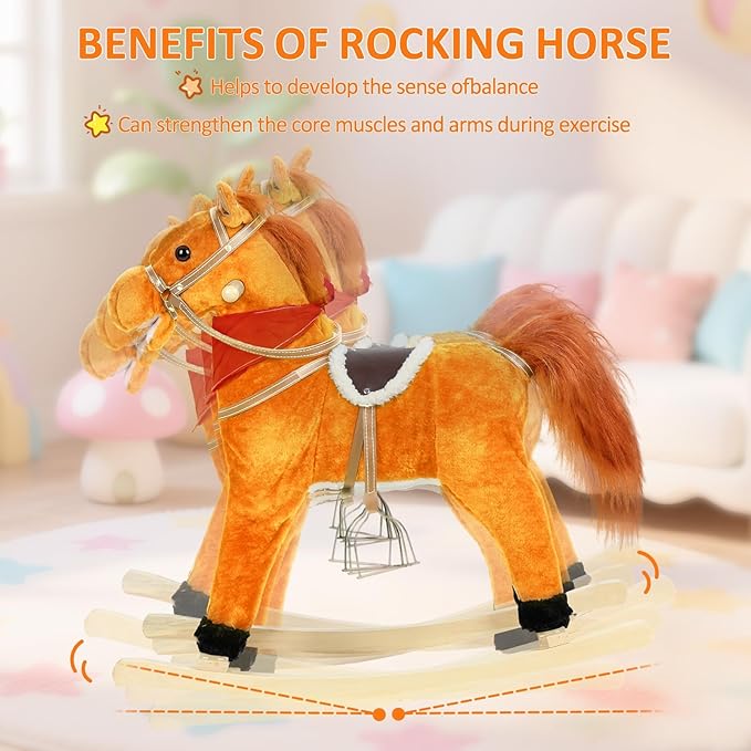 Rocking Horse Toy for Kids Plush Ride on Animal with Wooden Rockers, Moving Mouth and Wagging Tail, Musical Sounds, Baby Rocking Chair, 120kg Weight Capacity, Ages 1-6 Light Brown Small