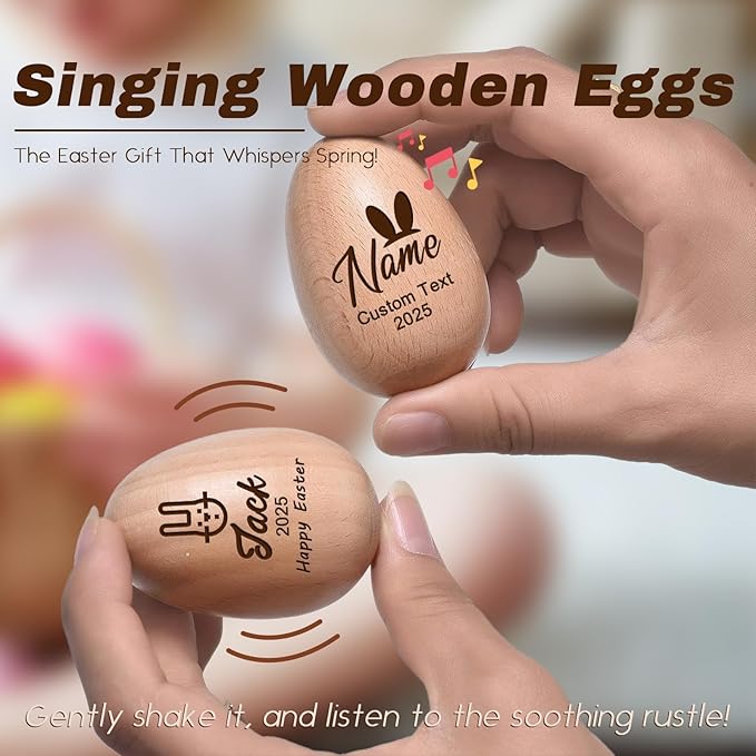 Personalized Musical Easter Egg Shaker 2026, Custom Engraved Wooden Easter Eggs Gifts for Kids Baby (Wood)