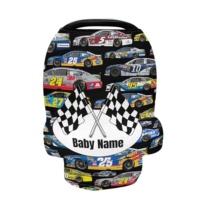 Personalized Baby Car Seat Cover for Babies, Custom Name Baby Car Seats Canopy for Boys Girls, Nursing Breastfeeding Stroller Covers for Infant Newborn, Shower Gift for Baby (Car Racing)