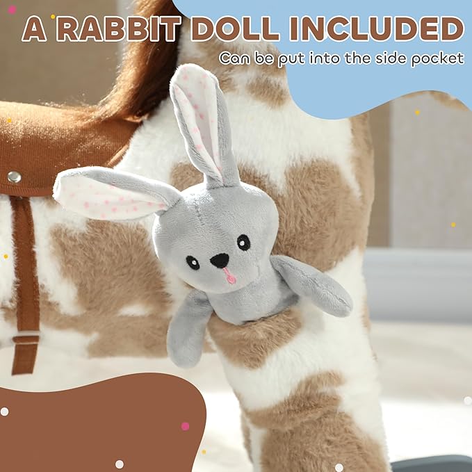 Qaba Rocking Horse, Kids Plush Animal Rocker with Realistic Neighing Sound for Toddlers 2–5 Years Old, Soft Filling Ride on Horse with Rabbit Toy, Light Brown