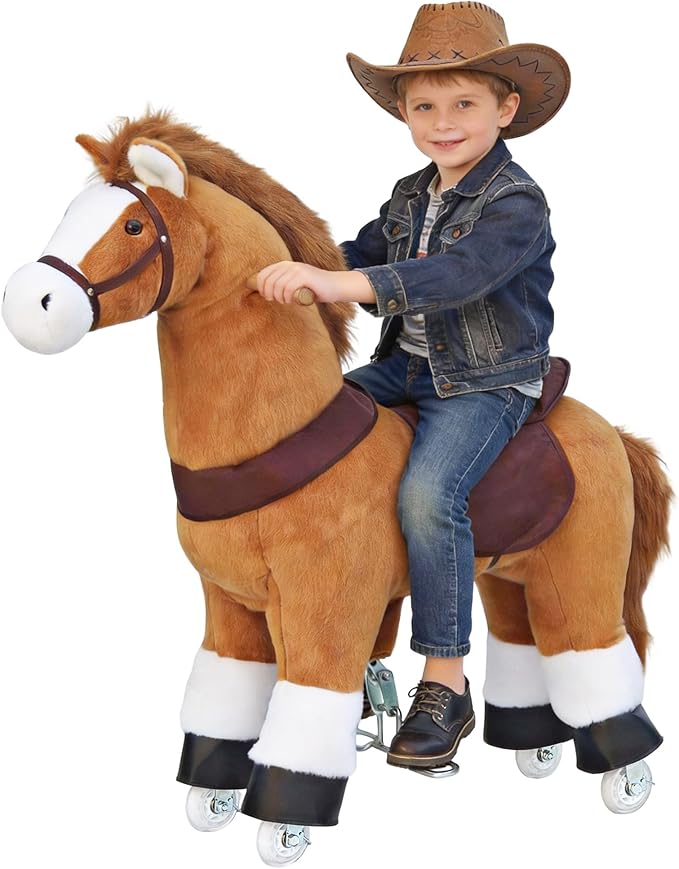 Ride on Horse Toys for Kids, Ride on Toy for 4 to 9 Years Old, 36.6'' Height Riding Horse Rider Mechanical Walking Action Plush Animal, No Battery or Electricity, Max Load 165LBS - Brown