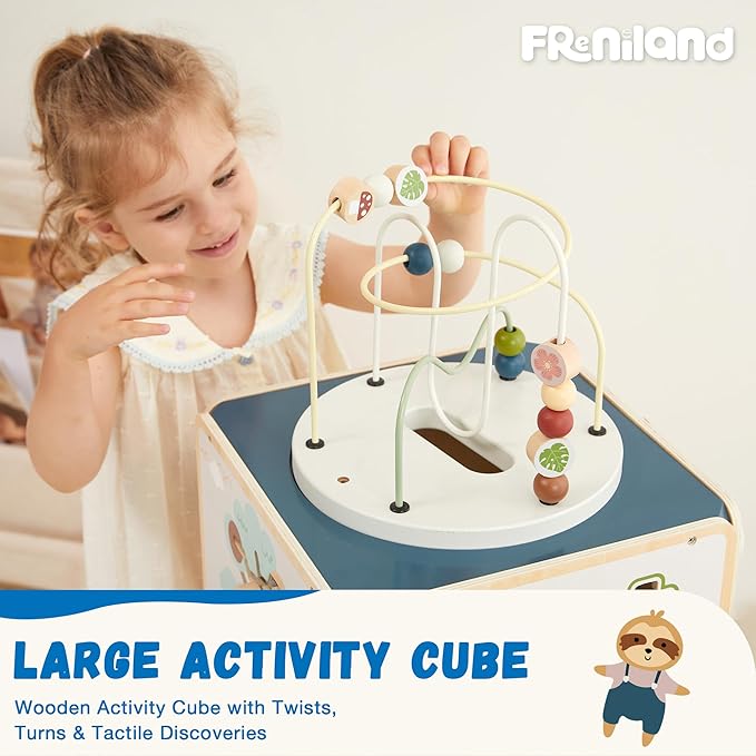 FReniland Wooden Activity Cube，Five Sided Montessori Toys，Sensory Toy for Toddler，Gift for Boys and Girls Over 18 Months