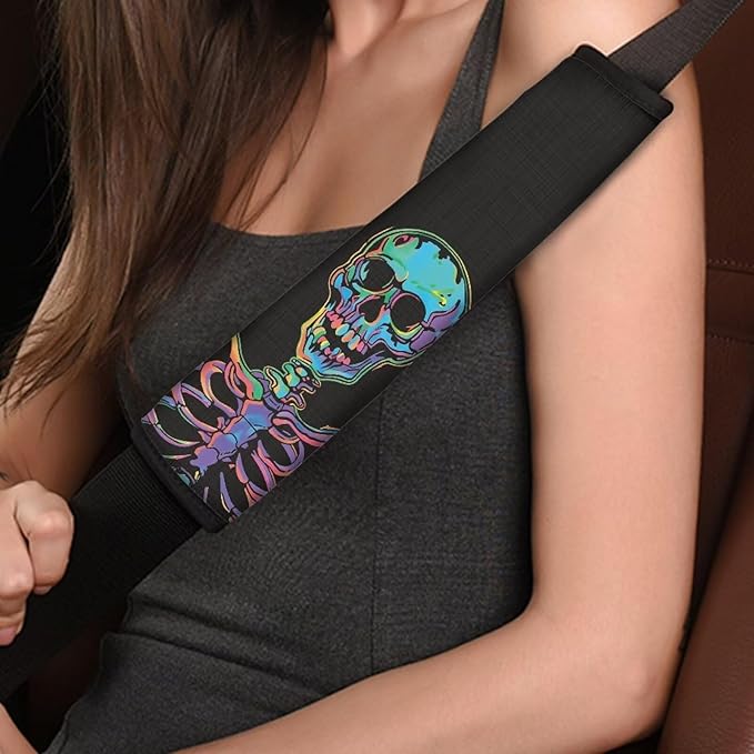 Biyejit Funny Skull Universal Car Seat Belt Pads Cover, Halloween Safety Seat Belt Comfortable Shoulder Pads for Adults and Children 2 Packs