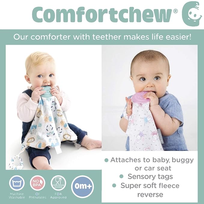 Cheeky Chompers Comfortchew | Baby Lovey with Silicone Teether & Sensory Tags | Soft Fleece Material, Attachable Loop, Machine Washable | (Midnight Stars)