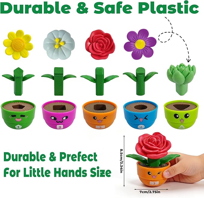 Montessori Toddler Flower Toy, Bloom & Learn Garden Set with 5 Shape & Color & Number Flowers, Sensory Pretend Toys for Preschool Early Learning, Toddlers Gift for 1 2 3 Girls & Boys