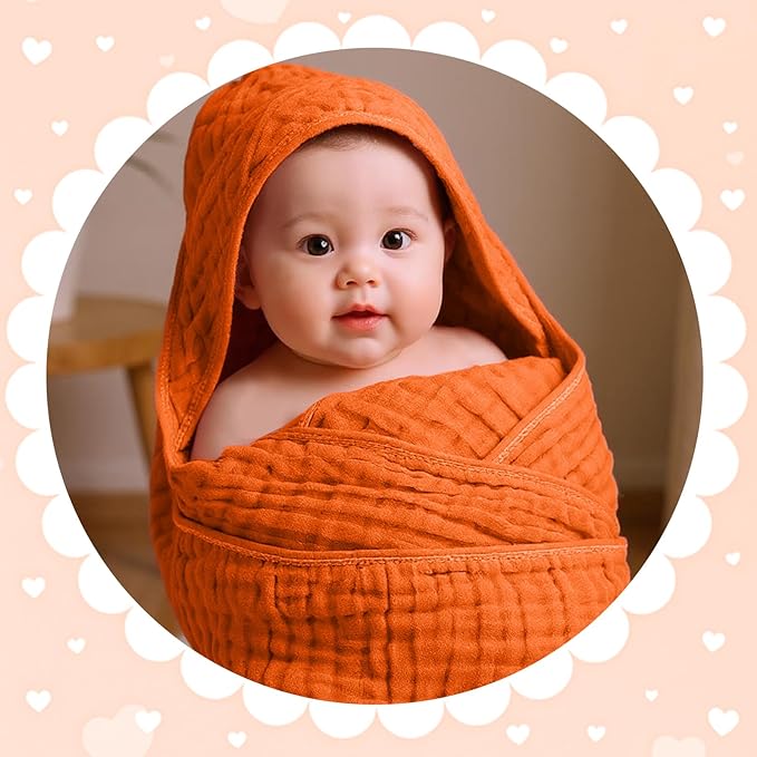 Peryiter 4 Pcs Muslin Hooded Baby Towels 32 x 32 Inch Cotton Newborn Bath Essentials Muslin Infant Blankets Absorbent Registry Gifts for Girl Boy Kids Baby Shower (Rainbow Colors)