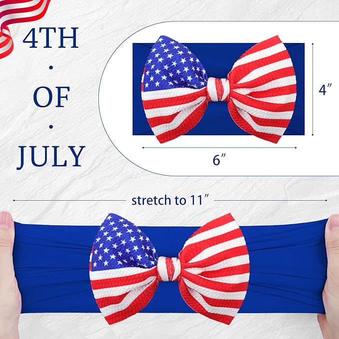 American Flag Headband with Red, White and Blue Patriotic Star Bows - Nylon Hairband for Girls and 4th July Accessories